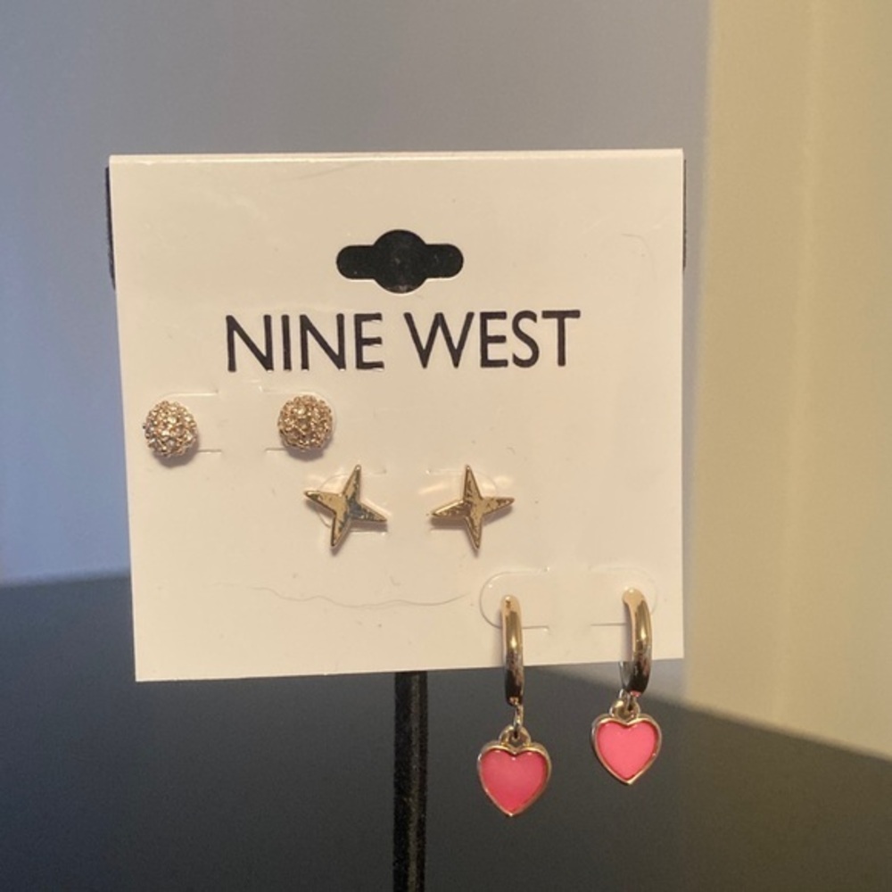 Nine West Gold and Pink Heart Earring Trio
